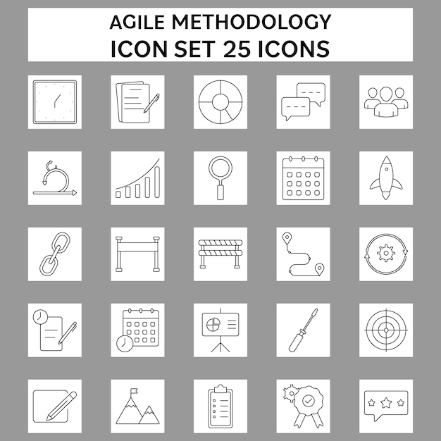 灰色の背景に設定されたアジャイル方法論の正方形のアイコンの黒の細い線画