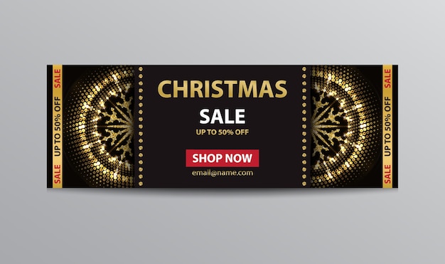   black ticket template for Christmas sale with golden glittering abstract snowflakes.