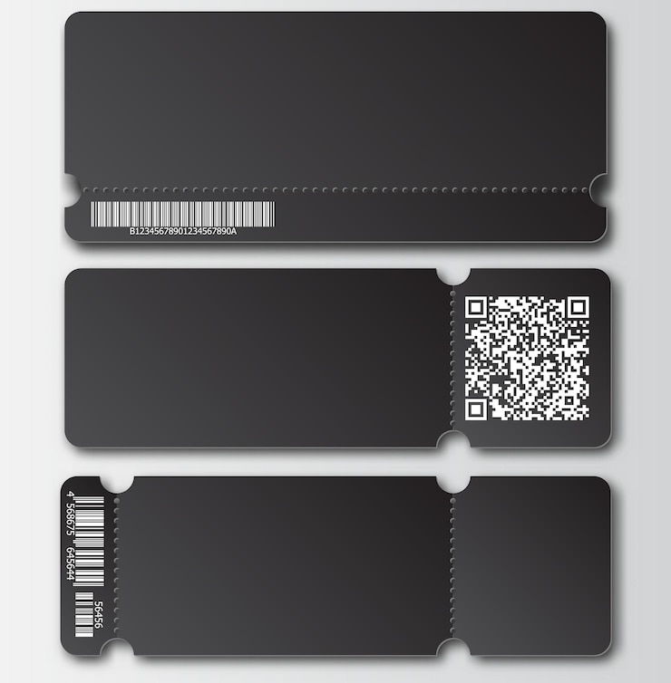 Vector black ticket template with tear-off element, barcode and qr code isolated on transparent background. music, dance, live concert event entrance vector invitation card. lottery blank.