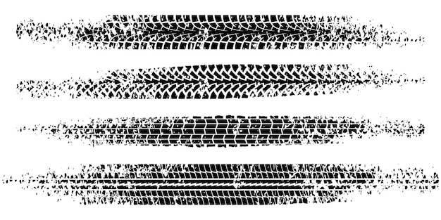 Vector black tire tread print with grunge effect set isolated on white background