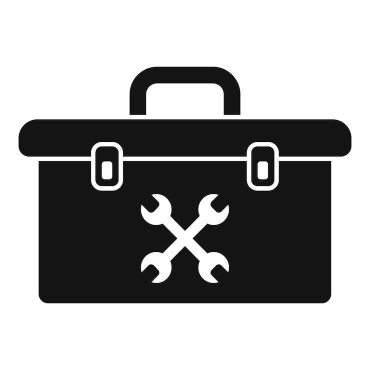 Vector black toolbox icon representing repairing and maintaining