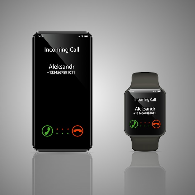 Vettore smartwatch e smartphone touchscreen neri con chiamata in arrivo sul display