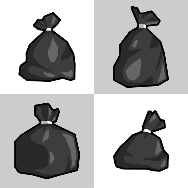 Vector black trash bag set isolated on white and grey background flat garbage disposal bags