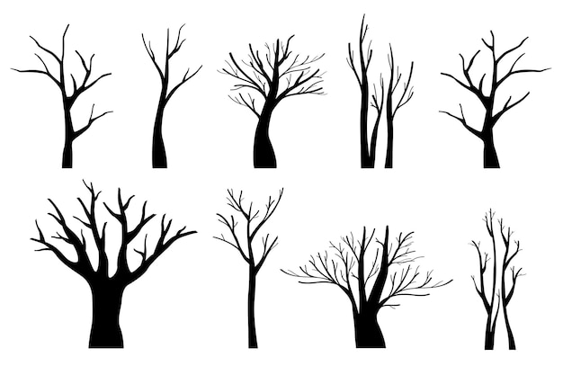 Vector black trees silhouettes set