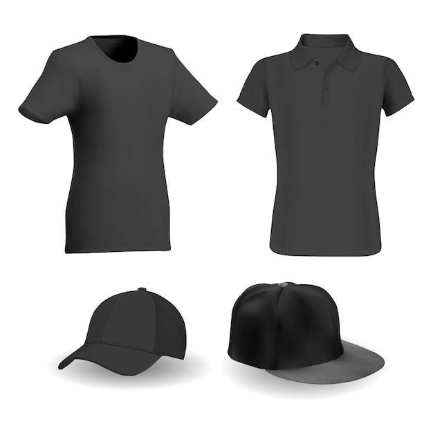 Vector black tshirt, black baseball hat vector template