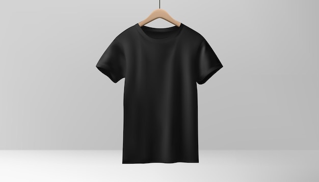 A black tshirt mockup hangs on a wooden hanger against a white backdrop showcasing fashion designs