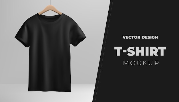 A black tshirt mockup hangs on a wooden hanger against a white backdrop