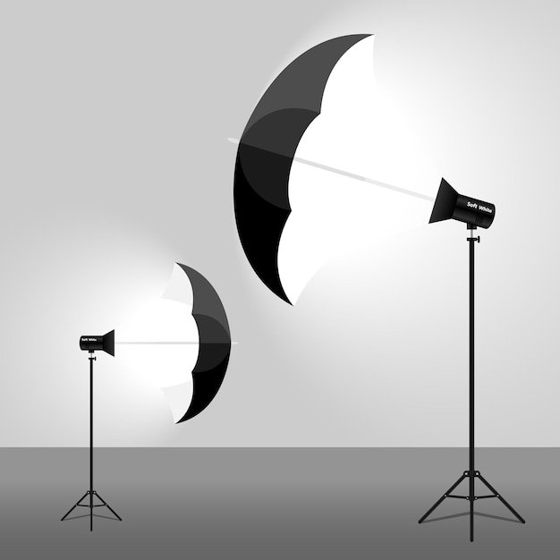 Vector black umbrella reflectors. photo flash equipment