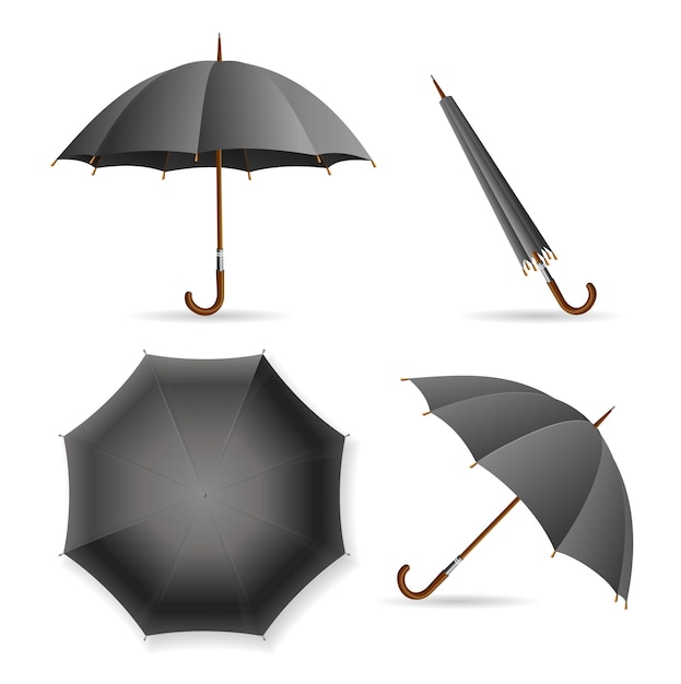 Vector black umbrella template set. opened and closed.