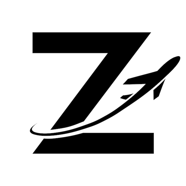 Black Uppercase Letter Z Icon with an Airplane on a White Background