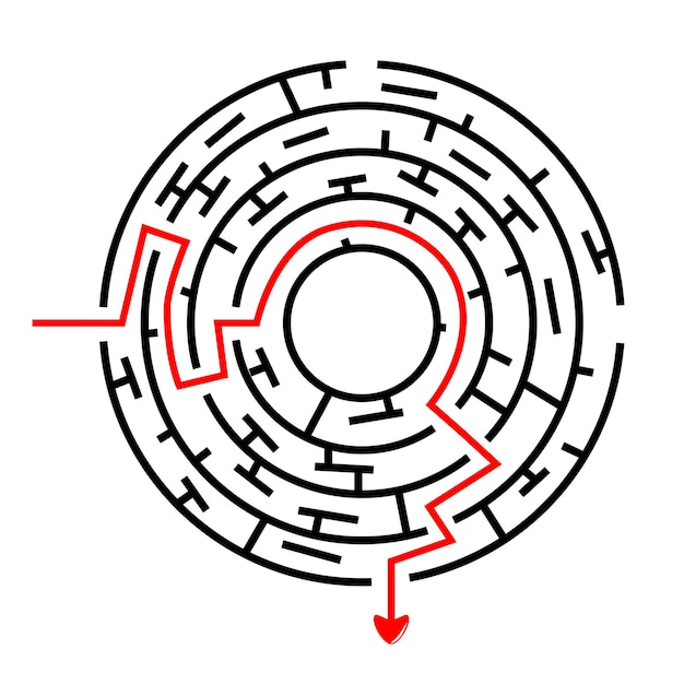 벡터 검은 벡터 원형 미로, 화살표가 있는 안쪽에서 바깥쪽으로 빨간색 선