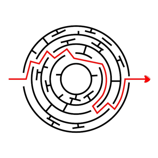 Black Vector Circle Maze, Red Line van binnen naar buiten met pijl