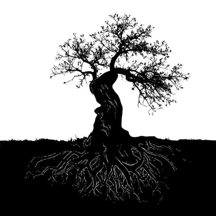 Vector a black vector tree silhouette featuring a gnarled textured trunk