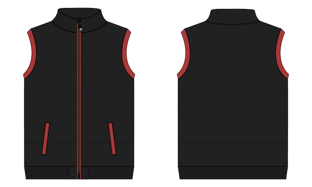 A black vest technical fashion flat sketch vector illustration template front and back views