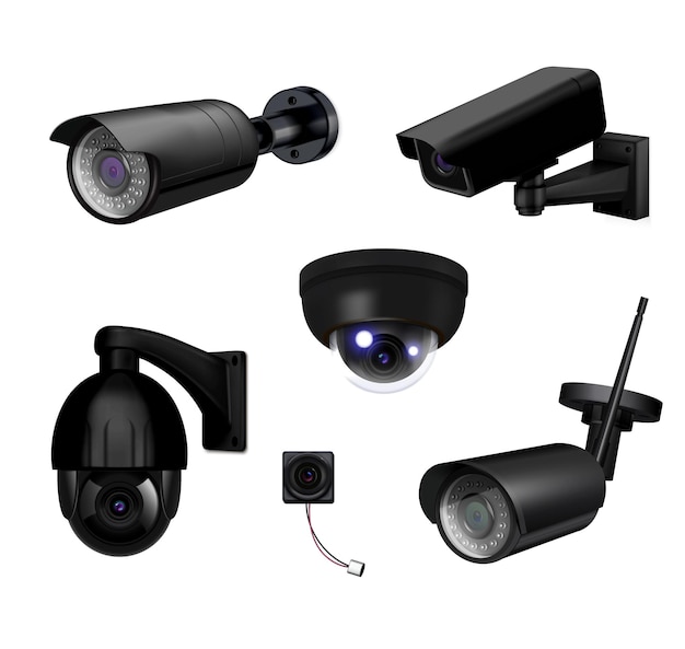 Vector black video surveillance security cameras realistic and isolated icon set with different types of cameras vector illustration