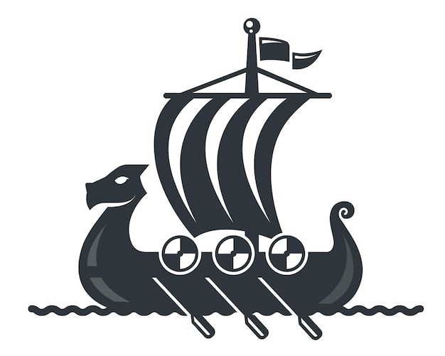 Black viking ship icon with sail and oars. flat vector illustration.