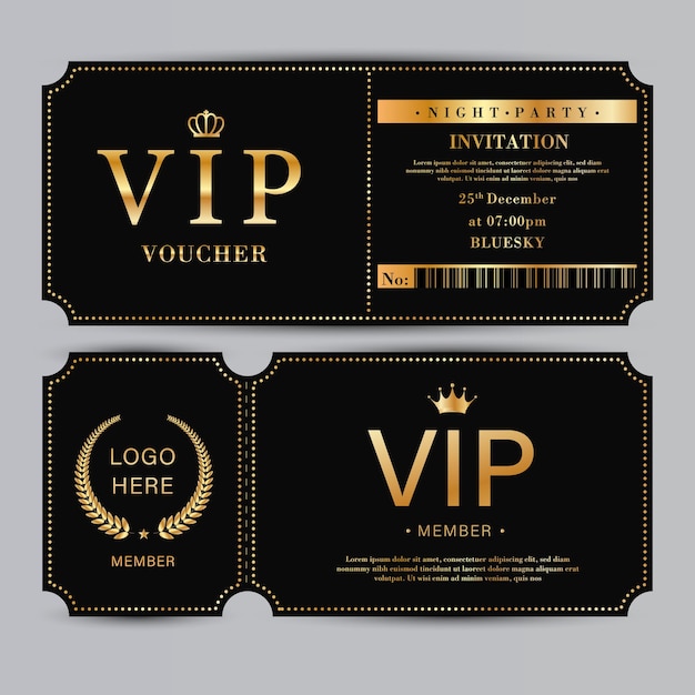 Black VIP admission ticket template with golden glittering VIP sign.