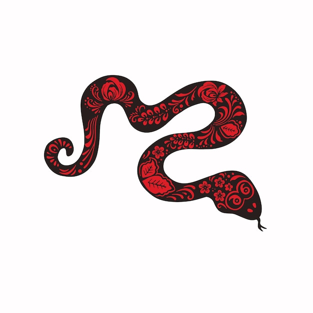 Vector black viper snake with flower painting ethno red color illustration