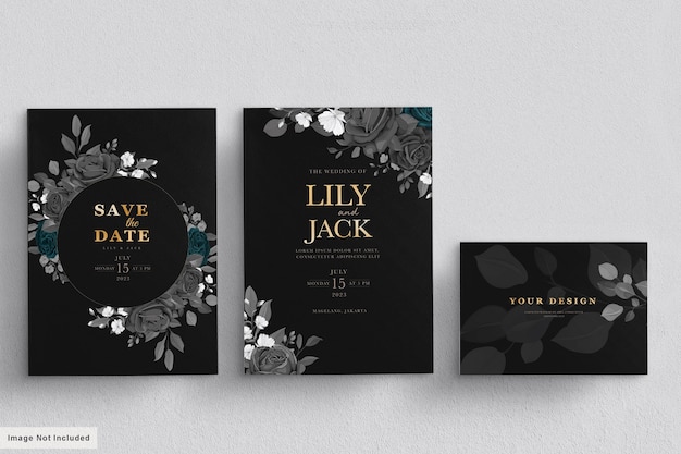 Vector black wedding card set with dark floral