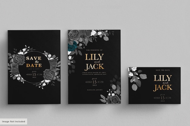 Vector black wedding card set with dark floral