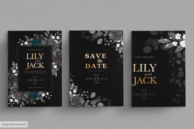 black wedding card set with dark floral