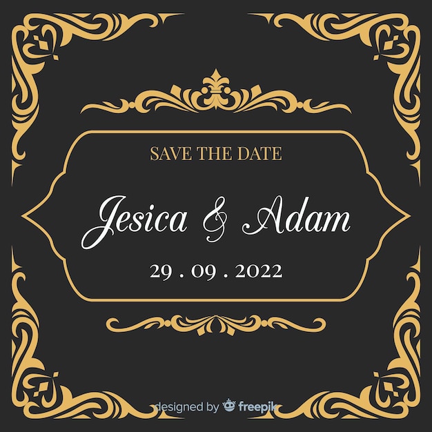 Black wedding invitation with golden ornaments