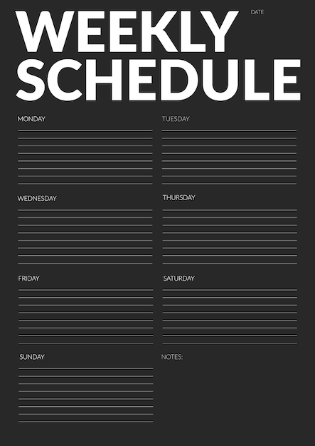 Vector black weekly planner schedule notebook page modern business organizer with notes and goals schedule page template weekly planner page