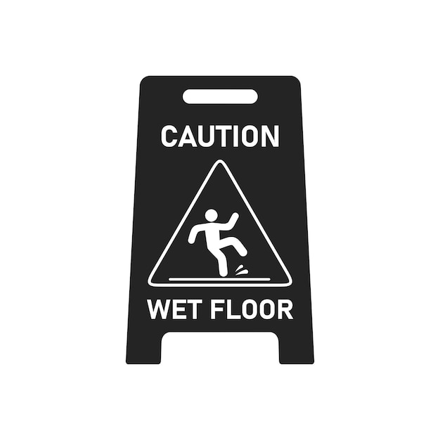 白い背景に分離された黒い濡れた床の警告サイン、公共の警告シンボルのクリップアート。滑りやすい表面は、プラスチックボードのデザイン要素に注意してください。落下する人間のピクトグラム。ベクトルillustartion。