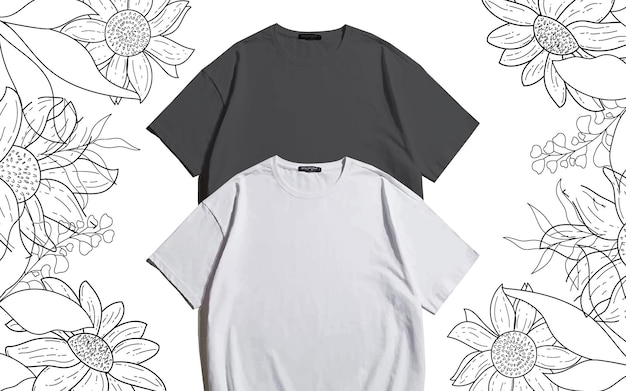 Vector black and white 2 blank t shirt mockup design in white and sketch type flower asethetic background