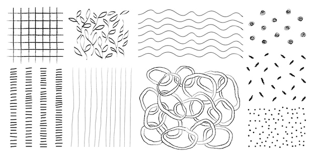 Black and white abstract patterns featuring lines waves and dots Patterns include grids swirls and leaves Simple artistic and versatile designs Hand drawn patterns vector set