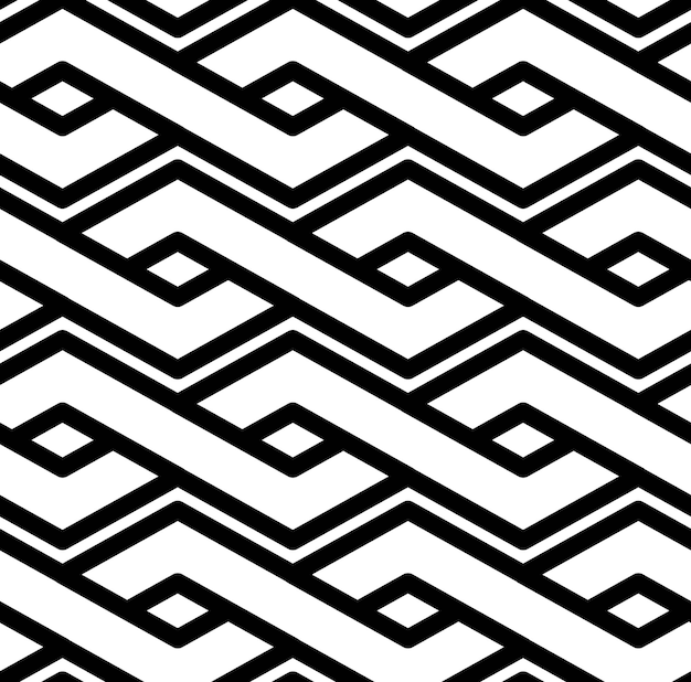 Черно-белый абстрактный текстурированный геометрический бесшовный узор. Симметричный монохромный векторный текстильный фон. Переплетите ромбы.