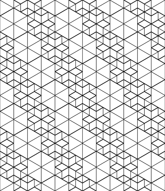 黒と白の抽象的なテクスチャ幾何学的なシームレスパターン。立方体と正方形のベクトルコントラストテキスタイル背景。グラフィックの現代的な未来的なカバー。
