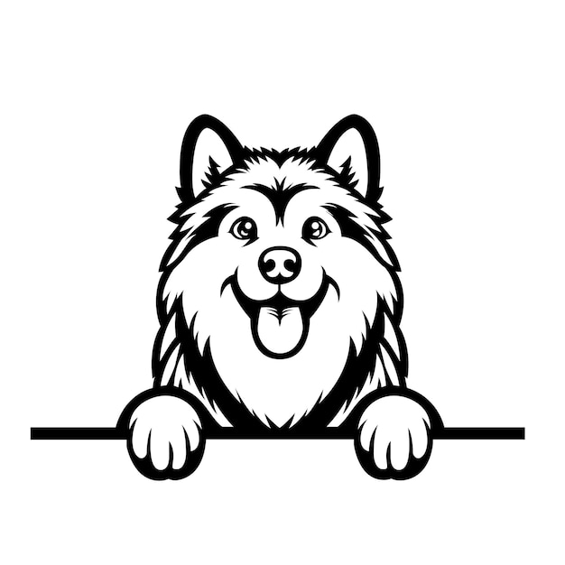 Black And White Alaskan Malamute dog peeking face silhouette Vector