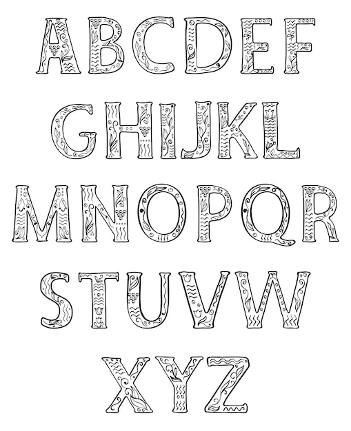 Black and white Alphabet Capital letters decorated with floral patterns