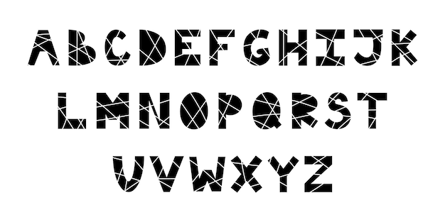 Black and white alphabet with lines striped font with letters latin alphabet