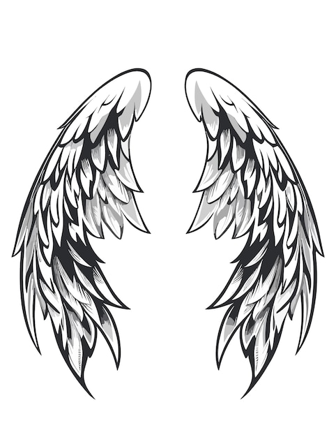 검은 윤곽선이 있는 흑백 천사 날개.