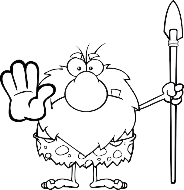 Vector black and white angry male caveman cartoon mascot character standing with a spear