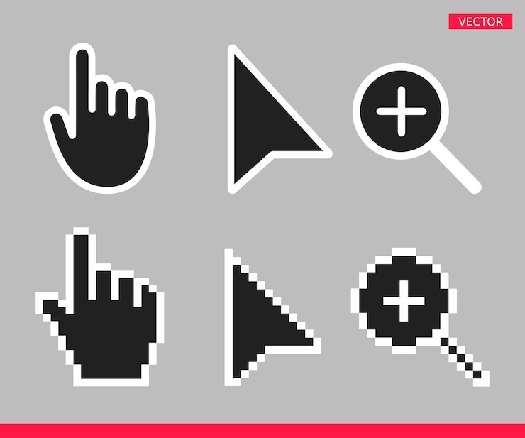 Vector black and white arrow hand and magnifier non pixel mouse cursor icons vector illustration set