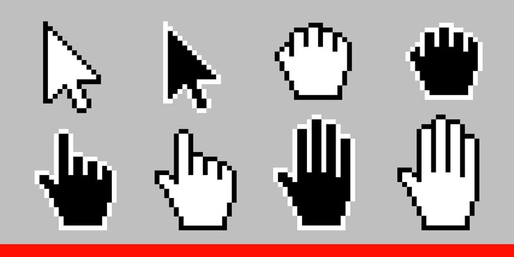 Vector black and white arrow pixel and pixel mouse hand cursors icon vector illustration set