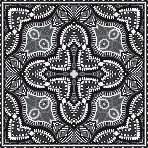 Black and white authentic silk neck scarf or kerchief square pattern design in ukrainian style