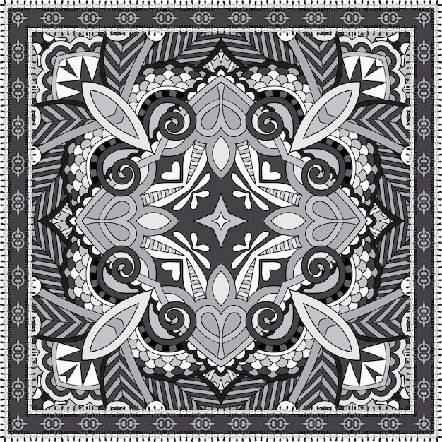 Black and white authentic silk neck scarf or kerchief square pattern design in ukrainian style