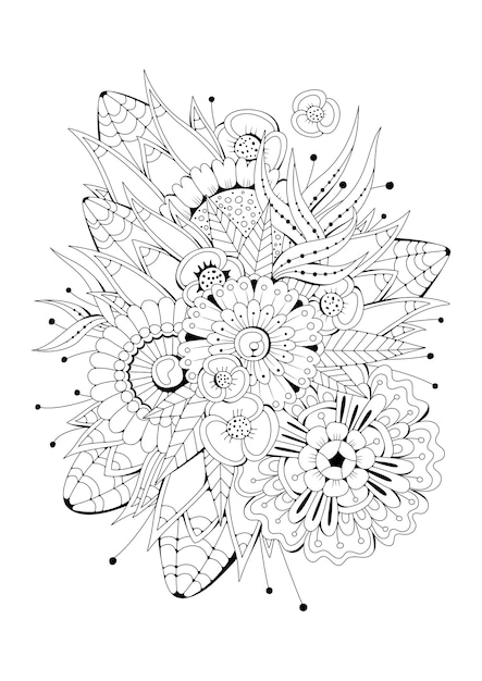 Black-white  background with flowers. Coloring page.