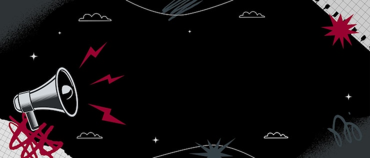 Vector a black and white banner with a loudspeaker scraps of paper and spots