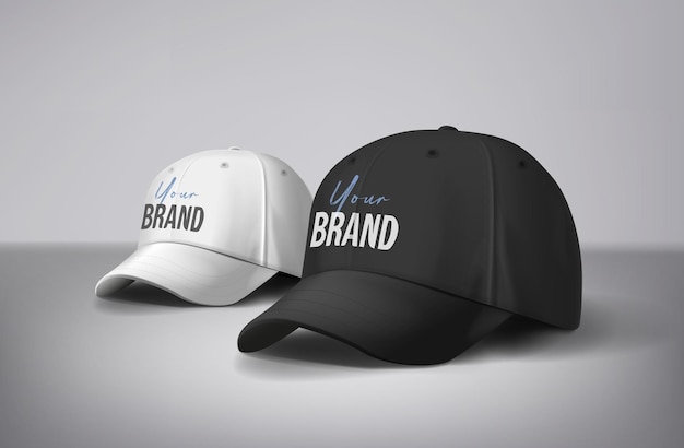 Cappelli da baseball bianchi e neri con logo su sfondo grigio per il branding e la pubblicità