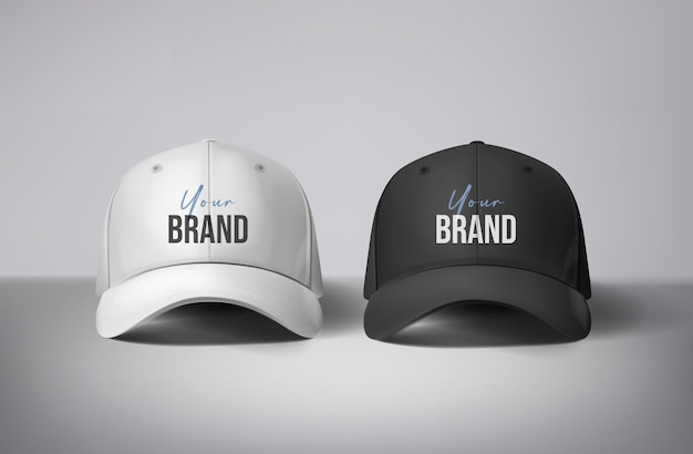 Vettore cappelli da baseball bianchi e neri con logo su sfondo grigio per il branding e la pubblicità