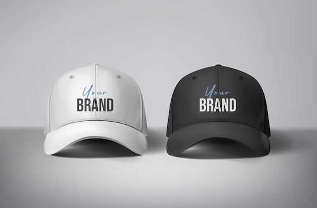 black and white baseball caps mock up with logo in gray background for branding and advertising