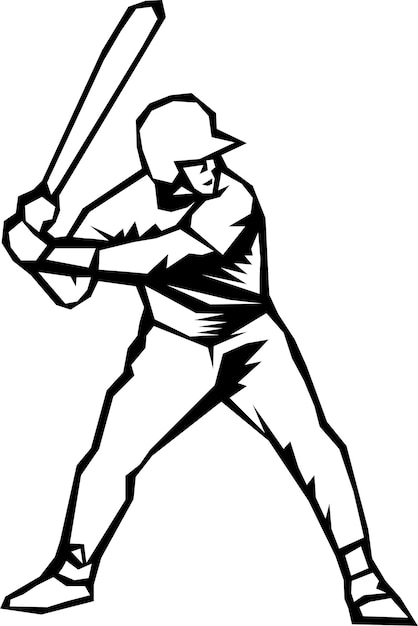 A black and white baseball player with a bat.