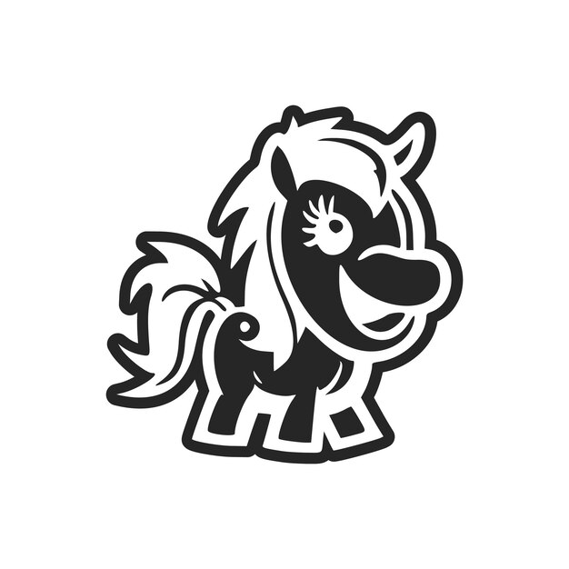 Vettore logo base in bianco e nero con un adorabile pony allegro