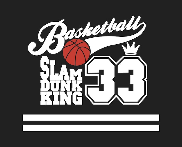 王冠とスラム ダンク キングの文字が付いた白黒のバスケットボール T シャツ プリント