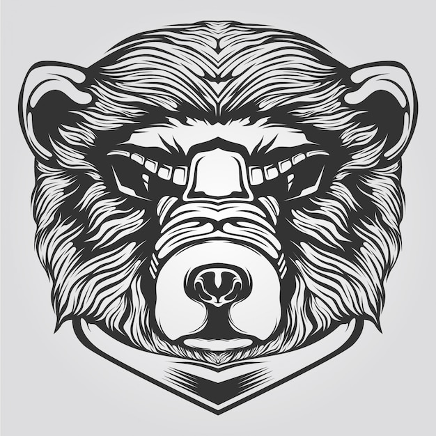 Black and white bear line art for tatto or coloring book